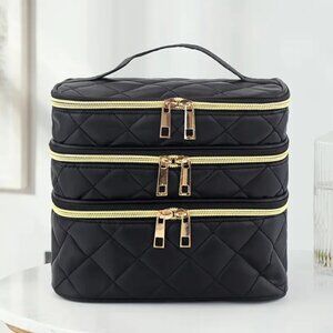 3-Layer Quilted Cosmetic Bag Polyester Travel & Home Organizer with Handles